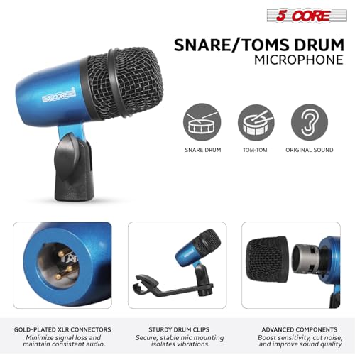 Image of 5 CORE 7 Piece Drum Microphone Set with 5 Dynamic Percussion Microphones Kick Bass, Tom /Snare and 2 Condenser Cymbals Metal Mics Complete with Thread Clip Mics Holder