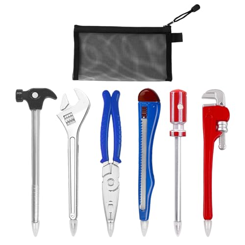 KRYMSON 6 Stück Hardware-Förmige Werkzeug-Kugelschreiber, 1 Stück Schwarze Netz-Stifttasche, Kreatives Und Personalisiertes Briefpapier, Neuartiges Werkzeugstift-Set, Kinderspielzeug