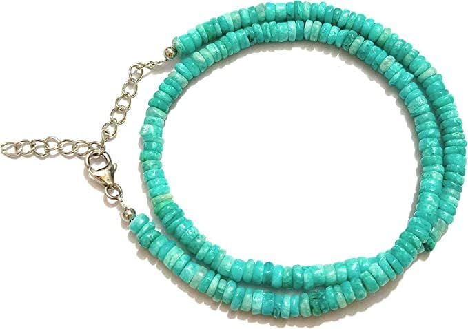 Kashish Gems & JewelsNatural Amazonite Necklace 18 Inch With Sterling Silver, Heishi Tyre Beads, Smooth Cut, Amazonite Necklace, Silver Jewelry