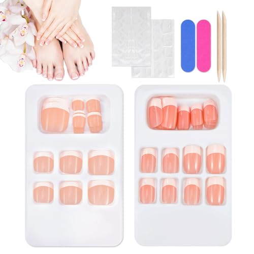JSRQT Kit de Uñas Postizas Francesas Falso Acrilicas de Pies para DIY Manicura Natural Francés Nails Uñas de Los Pies Postizas para Mujeres Niñas Press on Nails Cubierta Completa Falsas Uñas de Pies