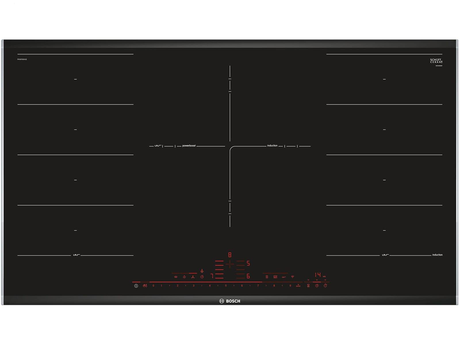 Bosch Placa de inducción inteligente PXV975DV1E Serie 8 (autosuficiente), 90 cm de ancho, FlexInduction, rango de potencia preestablecido MoveMode, sensor de fritura PerfectFry, cocina más rápida