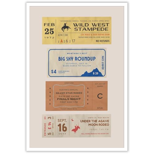 Image of Vintage Rodeo Tickets Posters Retro Minimalist Wild Western Cowboy Rider Canvas Wall Art 1970s Austin Texas Tickets Stub Prints Painting For Home Bedroom Dorm Wall Decor 12x16in Unframed