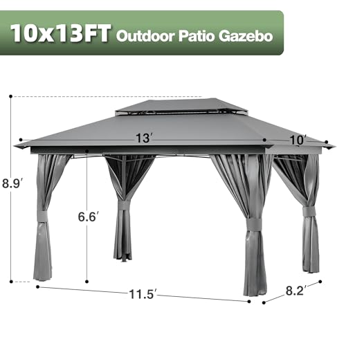 COMLAX FIELD Outdoor Gazebo 10x13 with Mosquito Netting and Privacy Screens, Screen Tent with Double-Roof, Heavy Duty Shelter Canopy Tent, Patio Gazebo for Backyard, Garden, Lawn, Party