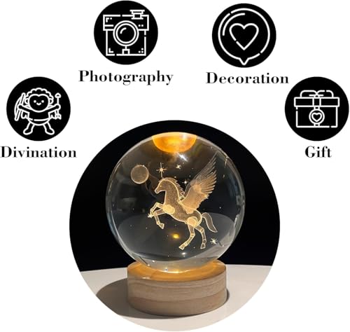 Image of 3D Unicorn Crystal Ball LED Night Lamp with Wooden Base, Warm Light for Bedroom, Kids Room and Home Decor (Unicorn)