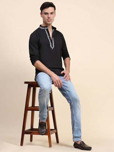 Image of SKAVIJ Men's Cotton Embroidered Kurta Shirt - Long Sleeve Traditional Indian Tunic for Casual