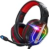 Fachixy FC200 Cascos Gaming para PS5, PS4, PC, Xbox One, Switch, Auriculares Gaming Cancelación de Ruido, Cascos con Microfono Estéreo Sonido, Cascos para PS5 con 3.5mm Jack con Luz RGB (Rojo)
