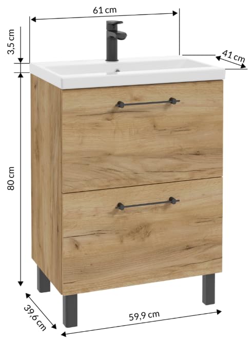 .Deftrans Szafka pod umywalkę 60 x 80 cm z umywalką – szafka łazienkowa dąb Craft, stojąca z 2 szufladami, miękkie zamknięcie, mebel łazienkowy z armaturą umywalkową