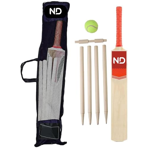 ND Sports Complete Cricket Set of 2 – Size 5 Wooden Cricket Bats with 4 Stumps, 2 Bails, Soft Ball & Carry Bag – Kids & Beginners Cricket Starter Kit