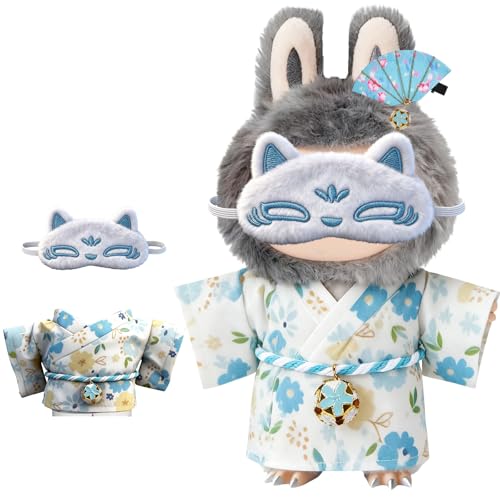 Clothes for LABUBU 6.7inch (17cm) Doll, Cute Outfit Small Dress and Hairpin, Dress Up, Accessories (No Doll) (Blue Kimono)