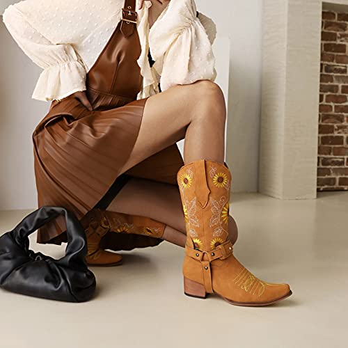 Heelchic Womens Sunflower Embroidered Cowgirl Cowboy Boots Retro Printed Chunky Heels Mid Calf Boots #TOP5