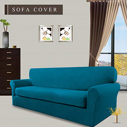 Image of Easy-Going 2 Pieces Stretch Couch Sofa Slipcover Washable | Spandex Soft Fitted Sofa Couch Cover for Sofa Furniture Protector with Bottom Kids,Pet Dog Peacock Blue