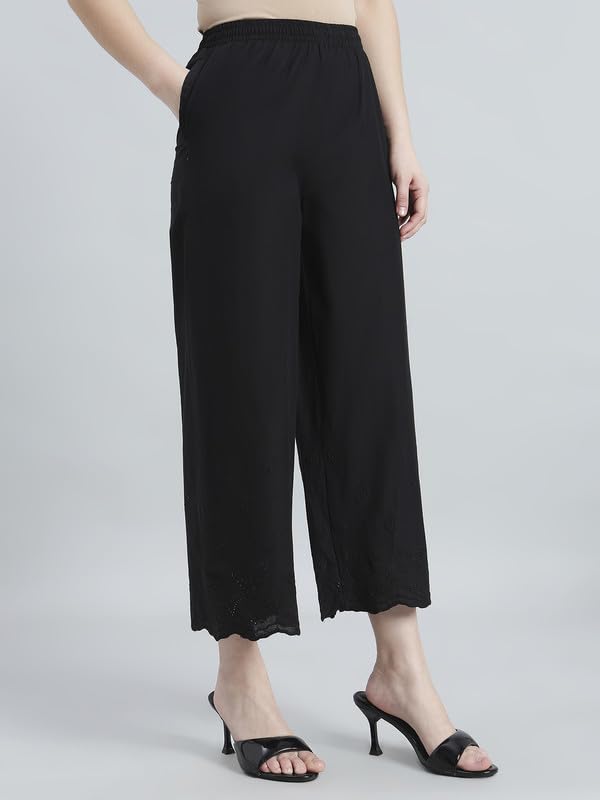 Image of GO COLORS Women Cotton Hakoba Wide Pant Ankle Length, Floral Embroidery, Relaxed Fit, Mid-Rise with Side Pocket