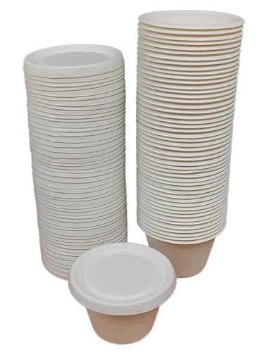 Foglish Home & Garden 4oz Bagasse Paper Sauce Pots with Lids, White, Round, 120ml Capacity, Disposable Containers for Takeaway Portions and Condiments (100) - Image 2