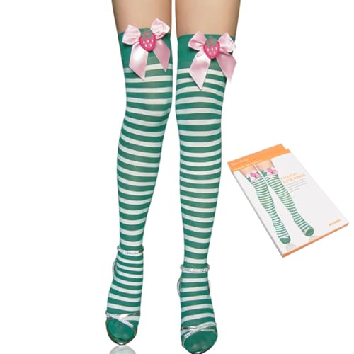 Women Stockings, Sweet Strawberry Bowknot Ribbed Over Knee Socks for Women Christmas Festivals Striped Thigh High