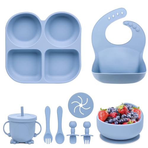 KAEFUYS Vajilla Bebe De Silicona 9 Piezas Vajilla Bebe Ventosa Sin BPA Antideslizante y Impermeable Babero Bebe/Cuchara de Babero/Tenedor/Apto para Lavavajillas (Azul)