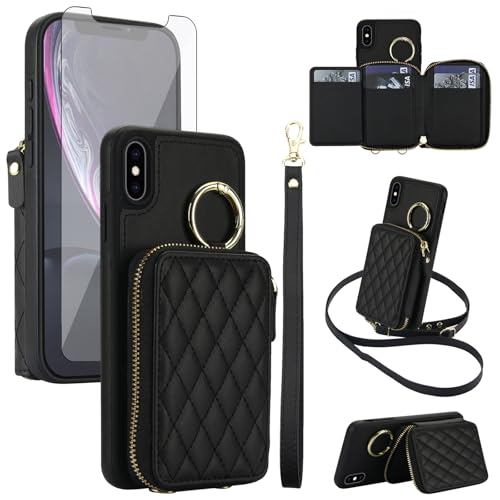 Phone Case for iPhone XR 6.1 Wallet Cover RFID Blocking with Screen Protector Wrist Crossbody Strap Zipper Ring Buckle iPhoneXR iPhone10R i Phonex 10XR 10R RX CR iPhoneXRcases Women Girls Black