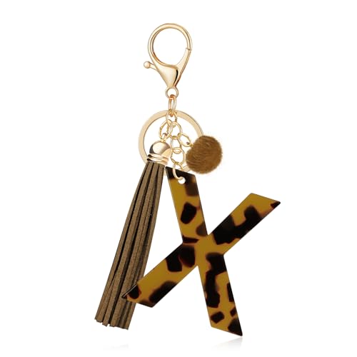 OKAICEN Brown Faux Tortoiseshell Pattern Initial Letter 'X' Keychain for Women Girls, Leopard Print Acrylic Alphabet Key Ring with Tassel & Pom Pom, Bag Charm for Car Keys Handbag Backpack Purse