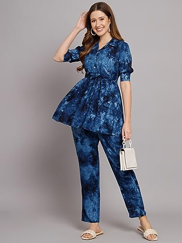 Image of Women's Cotton Regular Fit V Neck Printed Top with Trouser Co-ords Set with Fashion & Elegant Design (1 Top 1 Pant 1 Belt)