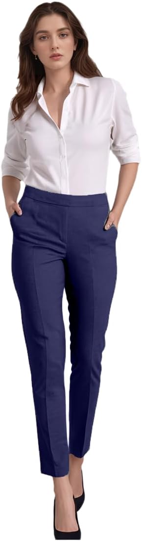Women Trousers Stretchy Lightweight Finely Stitched Half Elasticated Pull Up Work Formal Pants