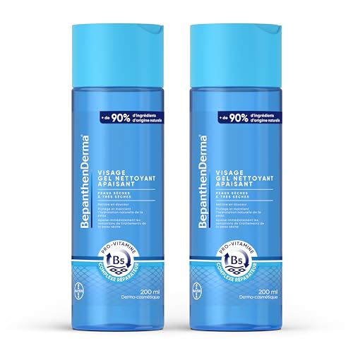 Gel nettoyant visage hydratant et apaisant sans savon- à l'huile d'argan - Peaux sèches à très sèches -Nettoie en douceur - Préserve l'hydratation et apaise les tiraillements - BepanthenDerma 2x200 ml