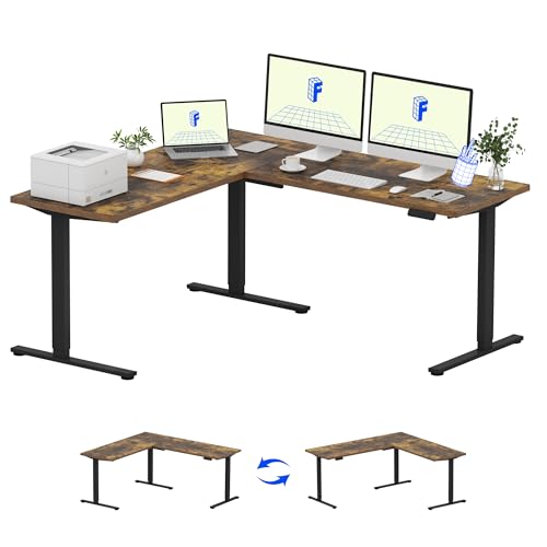 Image of FLEXISPOT L Shaped Standing Desk, 71 x 63 Inch Electric Height Adjustable Corner Desk, Sit Stand Computer Workstation, Preset Controller, Home Office, Black Frame with Rustic Brown Top
