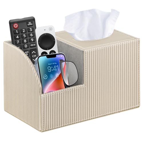 PUSU Square Tissue Box Cover with Storage and TV Remote Control Holder