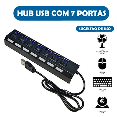 Adaptador Hub Usb 7 Portas Com Botão Liga Desliga Compatível Com Windows Pendrive Tv Mouse Teclado P