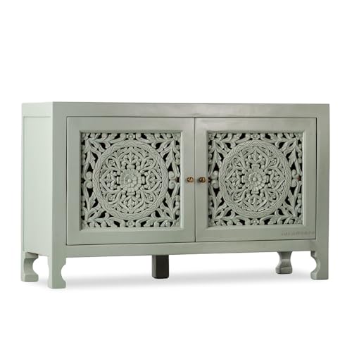 Image of Yepa Wooden Sideboard Cabinet for Living Room | Handcrafted Solid Wood Storage Cabinet with Carved Doors | Crockery Cabinet for Home | Crockery Furniture for Home (Green Ela)