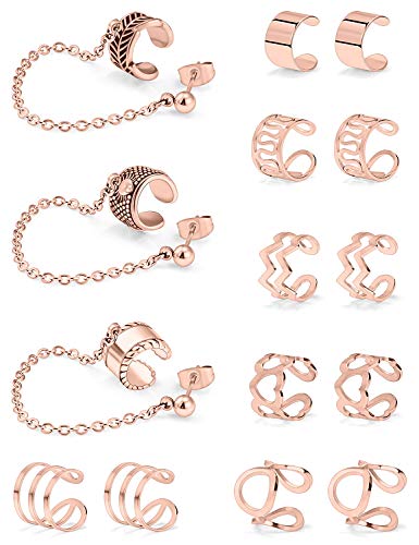 SCERRING Ear Cuff Fake Lip Helix Cartilage Clip On Wrap Earrings Non Piercing Earring Jewelry Set For Women Girls Stainless Steel 15PCS Rose Gold