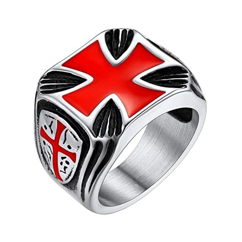 FaithHeart Mens Stainless Steel Crusader Jerusalem Cross Ring with 18K Gold Plated Two Tone Ring Size 7,8,9,10,11,12 03. Shield Cross-Silver 9