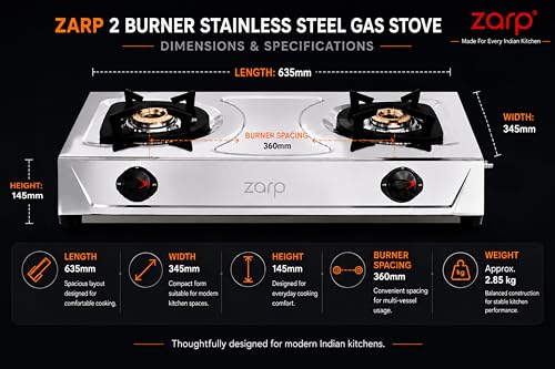 Image of ZARP 2 Burner Stainless Steel Gas Stove | ISI Certified Manual Ignition LPG Stove | Brass Burners with Pan Support | Durable Steel Body for Indian Kitchens | LPG gas chulha | 635x345 mm