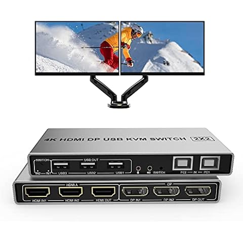 DisplayPort HDMI Dual Monitor KVM Switch 4K@60Hz Extended Display 2 in 2 Out KVM Switch 2 Computers 2 Monitors Displayport and HDMI, 3 USB 2.0 Audio Microphone Output 2 USB Cables Controller Cover