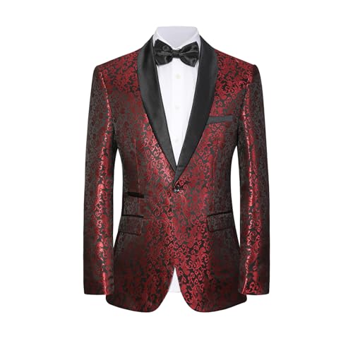 Men\'s Floral Tuxedo Suit Jacket Slim Fit Dinner Jacket Party Prom Wedding Blazer Red L - Thumbnail 2