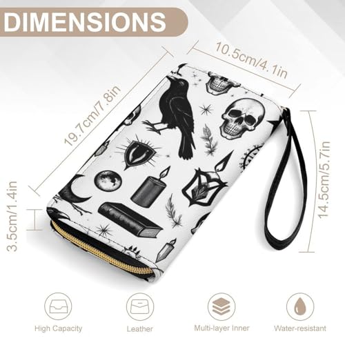 Fashion Decor Wallet, Long PU Zipper Wallet, Travel Purse Fashion Design, Huge Storage Capacity Purse With Rope Gothic Trippy Moon Skull Dark Black Cat Witch Magic Spirit Board2