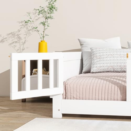 Image of Bellemave Twin Size Kids Montessori Floor Bed with Door,Twin Floor Bed Frame with Slats and Bookcase,Solid Wood Montessori Bed for Girls Boys,White