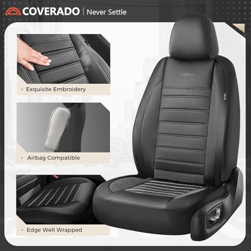 Image of Coverado Car Seat Covers Full Set, Luxury Leather Car Seat Covers, Automotive Front and Rear Mesh Seat Covers, Full Set 5 Seats, Black Seat Covers for SUV Sedan Truck