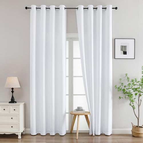 Image of Simplebrand Pure White Curtains for Bedroom Living Room 96 Inches Long 2 Panels Set, Light Filtering Thermal Insulated Curtains & Drapes, Solid Grommet Noise Reducing Window Treatment, W50 x L96 Inch
