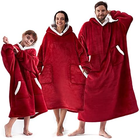 EHEYCIGA Wearable Blanket Hoodie for Women Men and Kids, Reversible Ultra Soft Plush Fuzzy Warm Blanket Hoodie Sweatshirt, Red, Kid Cover