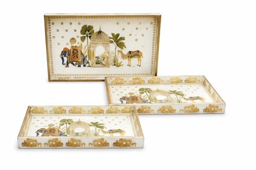 Image of Premium Wooden Serving Tray Set of 3 | Ethnic Indian Art Printed Tea, Coffee & Snack Trays | Decorative Multipurpose Home & Kitchen Serving Tray (C-03)