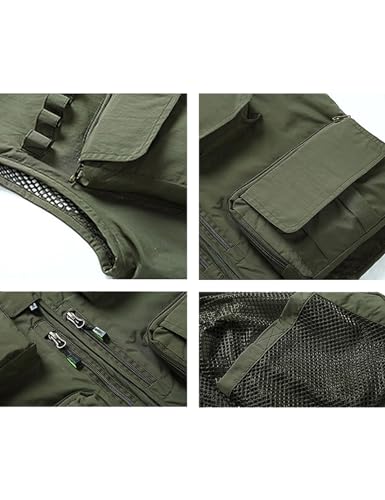 Vanchenl Herren Freizeit Safari Angeln Outdoor Arbeit Weste Jacke Foto Reise Cargo Mesh Weste Multi Taschen Armeegrün XL