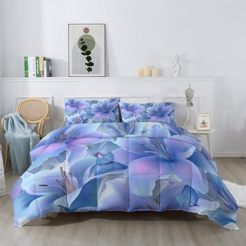 Colcha 155x220 cm Cubrecama Ligera Fina Entretiempo Extra Suave Lirio Onírico & Mariposa Azul Transpirable de Cama de Colchas Acolchadas de Microfibra Colcha a con NiñasAzul