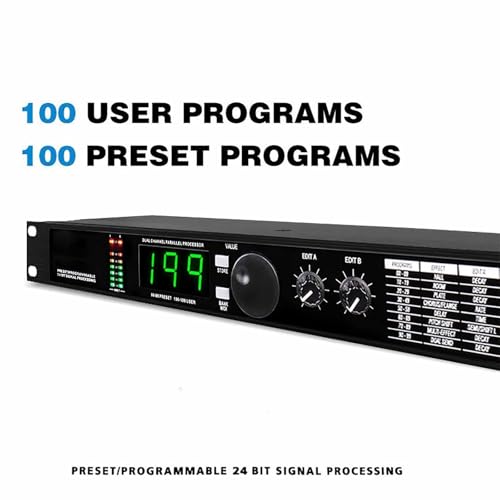 Equalizzatore processore audio professionale, processore DSP con riverbero digitale con 99 preset, 199 memorie sonore, elaborazione del segnale programmabile a 24 bit per uso in studio