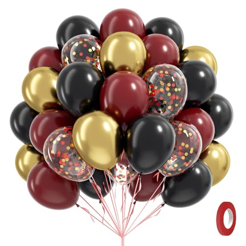 60pcs 12inch Black Burgundy and Gold Balloons with Gold Red Black Confetti Balloons for Maroon Themed Birthday Baby Shower Graduation Party Decorations