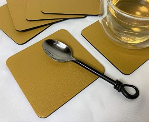 Set of 6 Mustard Bonded Leather Coasters, Made In UK