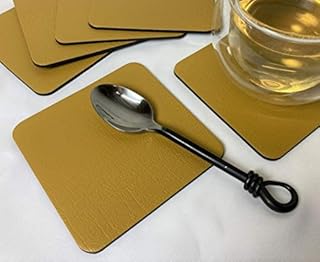 Set of 6 Mustard Bonded Leather Coasters, Made In UK