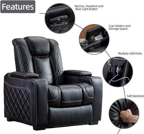 CANMOV Home Theater Seating Set of 2, Faux Leather Electric Power Recliner Chair with Ambient Lighting, Power Headrest, Lumbar Support, Cup Holders, Hidden Arm Storage, USB Ports, Black