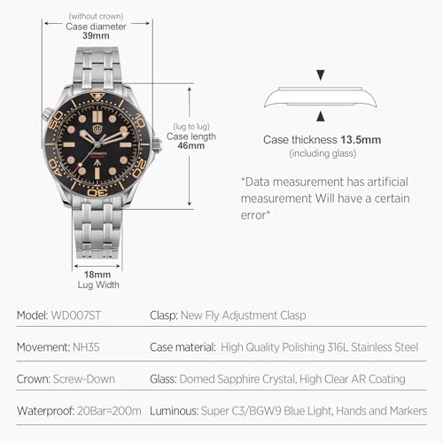 Image of watchdives NH35 Automatic Watches, WD007ST NTTD Dive Watch 39mm Domed Sapphire Crystal Wristwatch 200m Waterproof Watch for Men