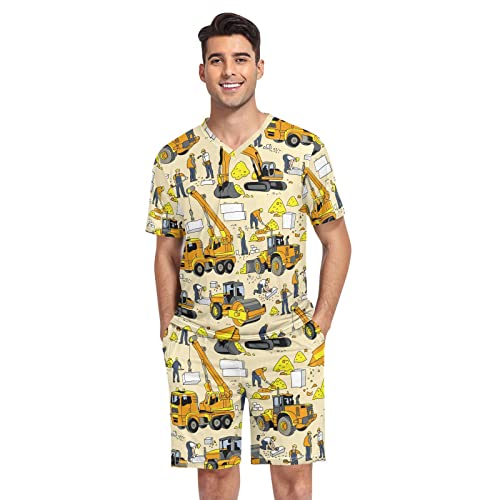 linqin Herren Bunte Schlafanzug Set Building People Baumaschinen Weiche Nachtwäsche für Herren, Traktoren, M