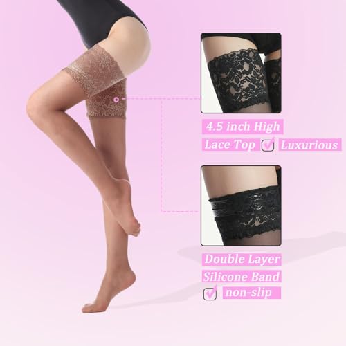 Image of G&Y Thigh High Stockings with Silicone - 15D Sheer Lace Top Nylon Stay Up Pantyhose for Women