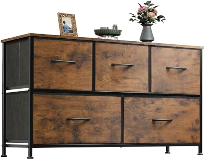 WLIVE Dresser for Bedroom with 5 Drawers, Wide Chest of Drawers, Fabric Dresser, Storage Organization Unit with Fabric Bins for Closet, Living Room, Hallway, Pink and Rose Gold